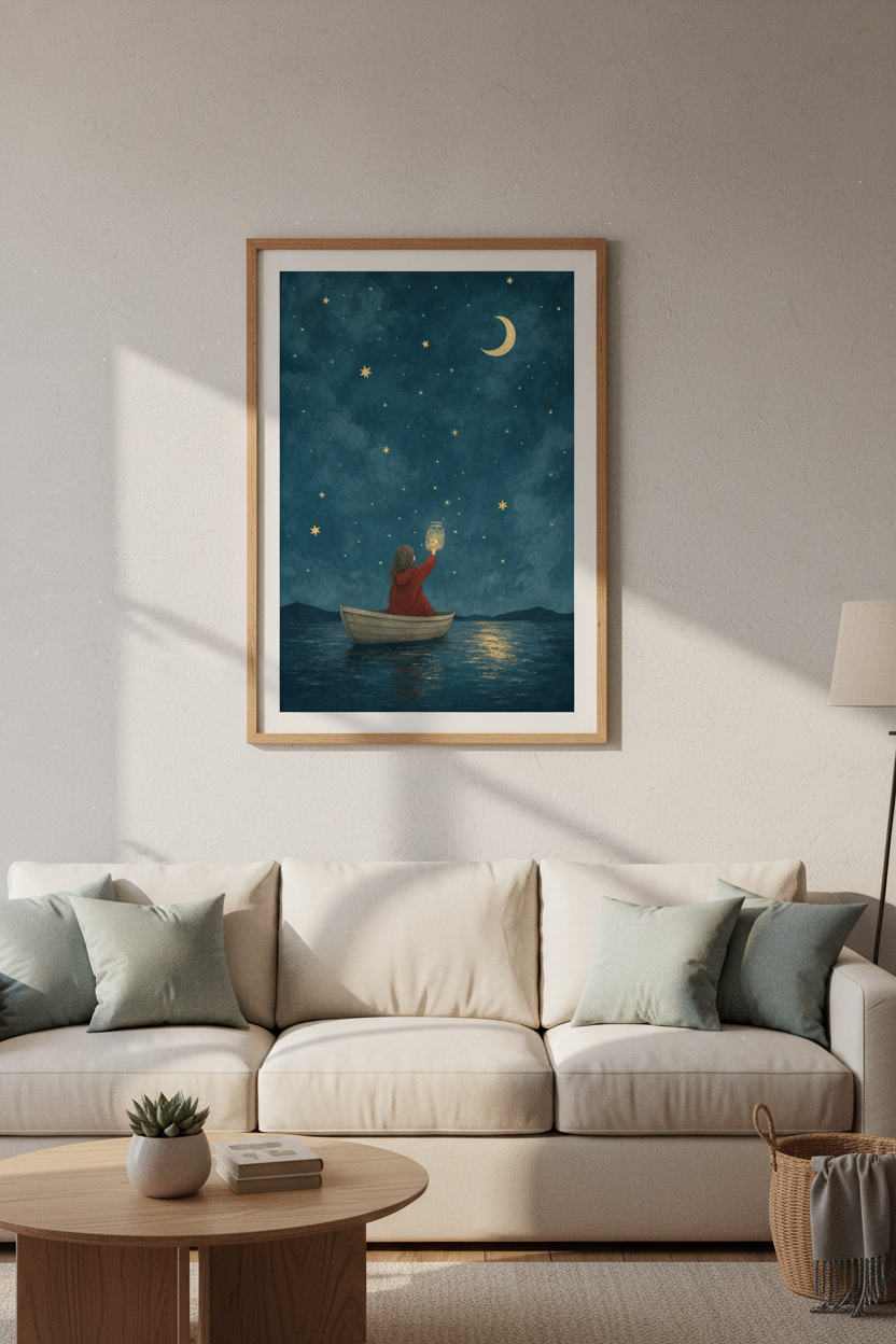 Whimsical Girl Catching Stars Art | Navy Blue Nursery Decor | Dreamy Celestial Poster