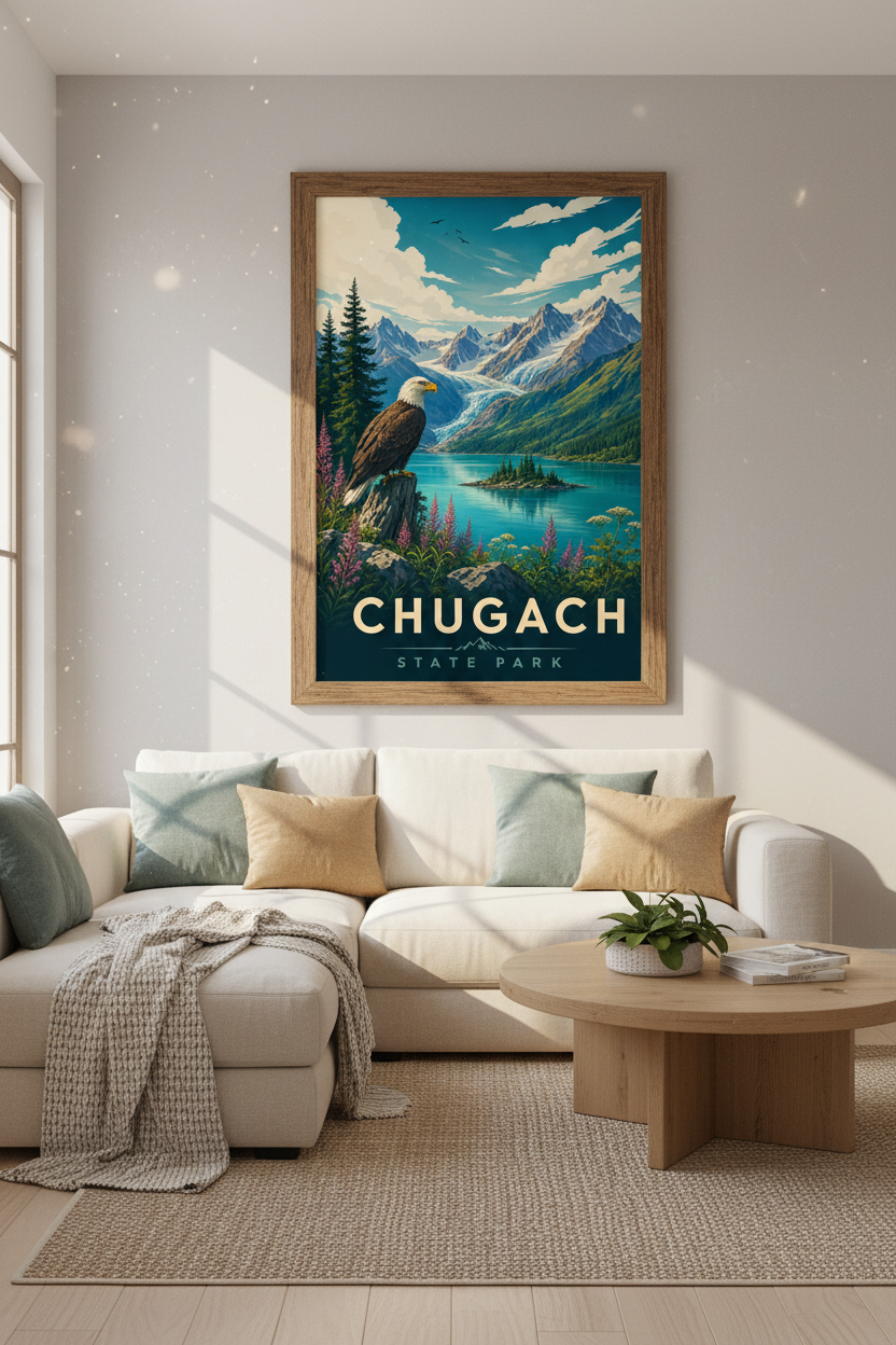 Chugach State Park Alaska Poster | Bald Eagle Nature Wall Art, Mountain Cabin Decor