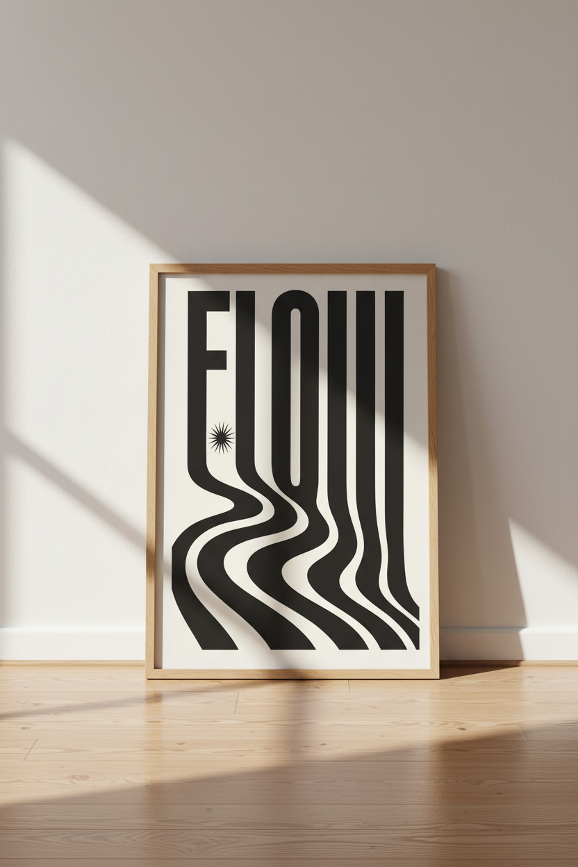 Flow Typography Wall Art | Black and White Retro Minimalist Poster, Home Office Art
