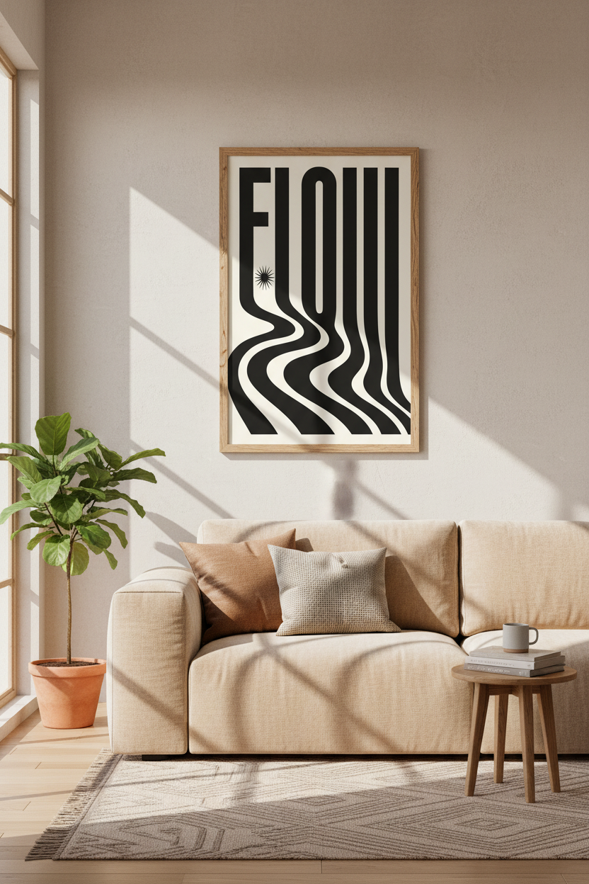 Flow Typography Wall Art | Black and White Retro Minimalist Poster, Home Office Art