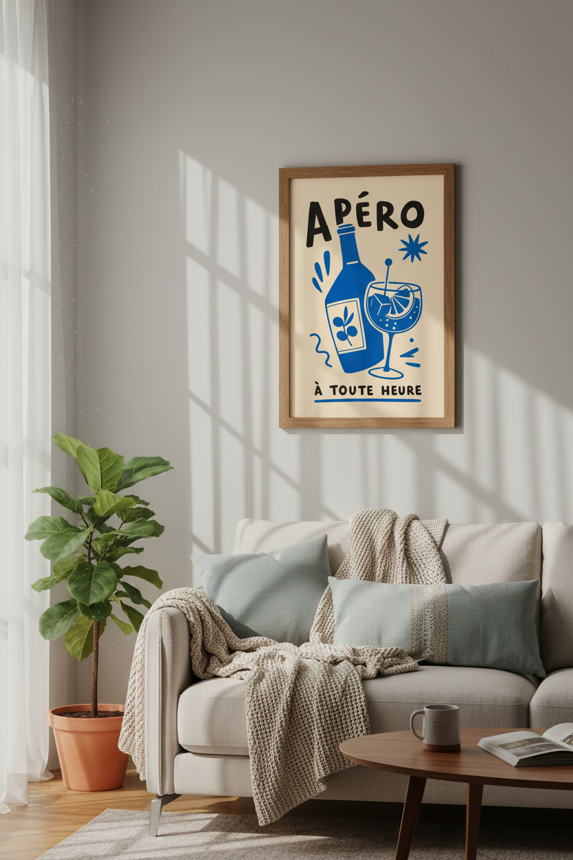 French Apéro Art Print | Blue Minimalist Kitchen Decor | Mediterranean Cocktail Poster