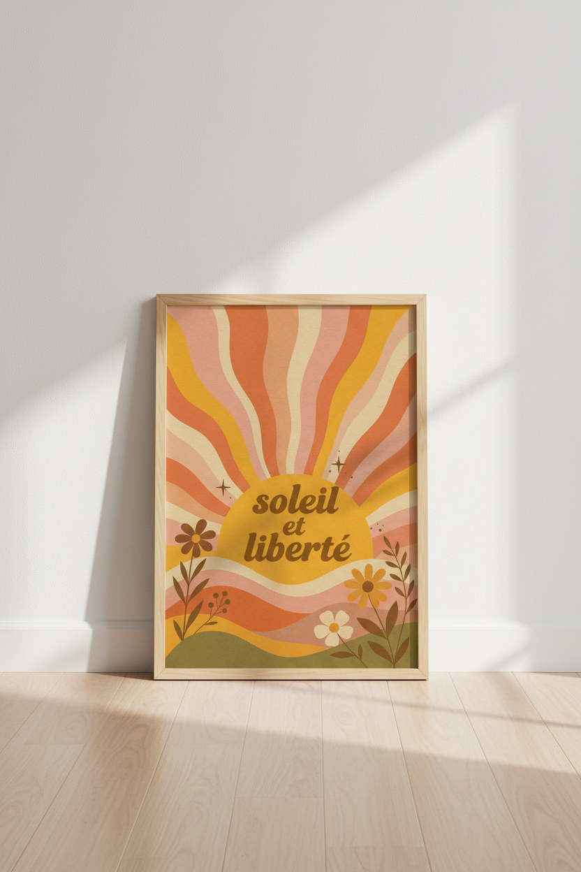 Soleil et Liberté Wall Art | Retro Sunburst & Flowers, Boho French Poster