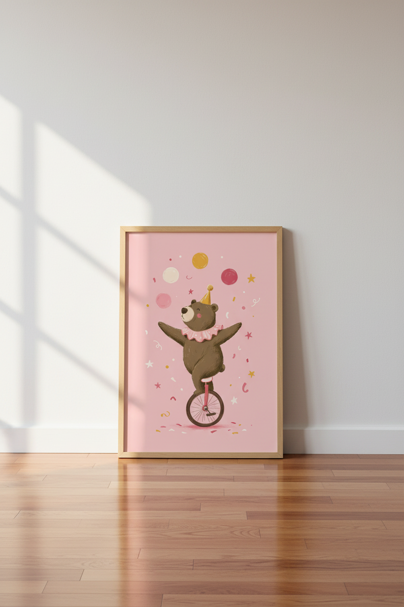 Circus Bear on Unicycle Wall Art | Pink Nursery Decor | Whimsical Animal Poster