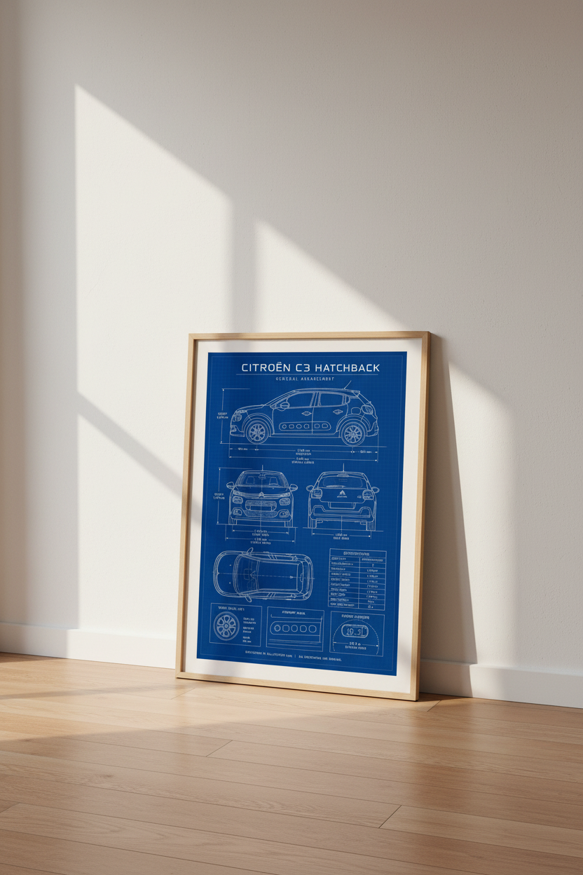 Citroën C3 Blueprint Wall Art | Blue Technical Poster, Garage & Office Decor