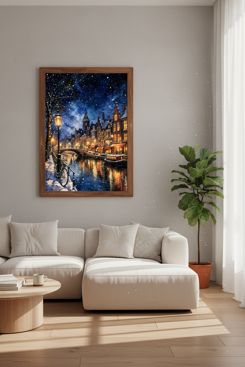 Winter Canal Amsterdam | Snowy Watercolor Night Print, Holiday Decor