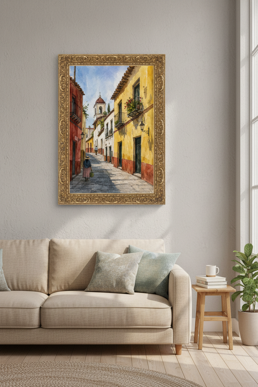 Mediterranean street | Watercolor Cityscape Print | Living Room Decor