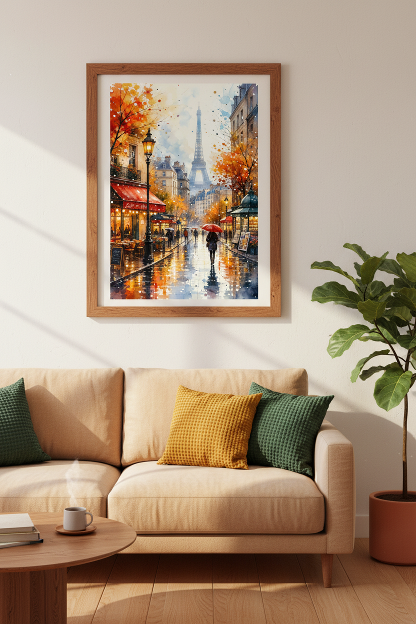 Paris Street Scene Watercolor Wall Art | Eiffel Tower Cafe Poster | Autumn French Decor