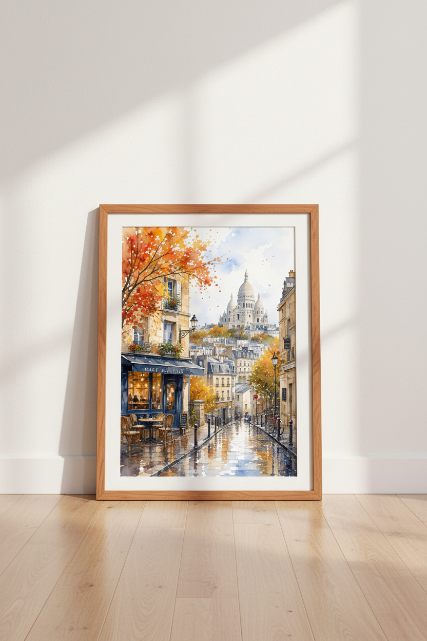 Paris Watercolor Street Cafe Print | Autumn Montmartre Wall Art | French Travel Decor