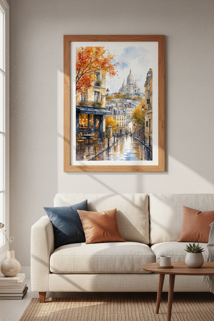 Paris Watercolor Street Cafe Print | Autumn Montmartre Wall Art | French Travel Decor