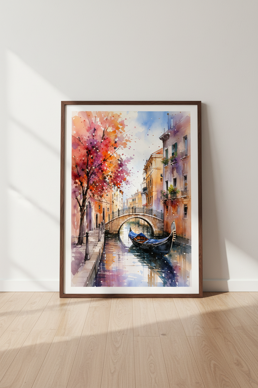 Venice Canal Watercolor Print | Italy Gondola Bridge Art, Vibrant Living Room Decor