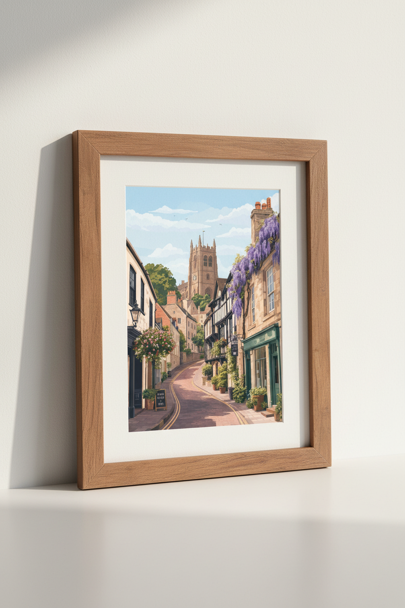 English Village Street Wall Art Print | Cotswolds Travel Decor | Pastel Scenic Poster