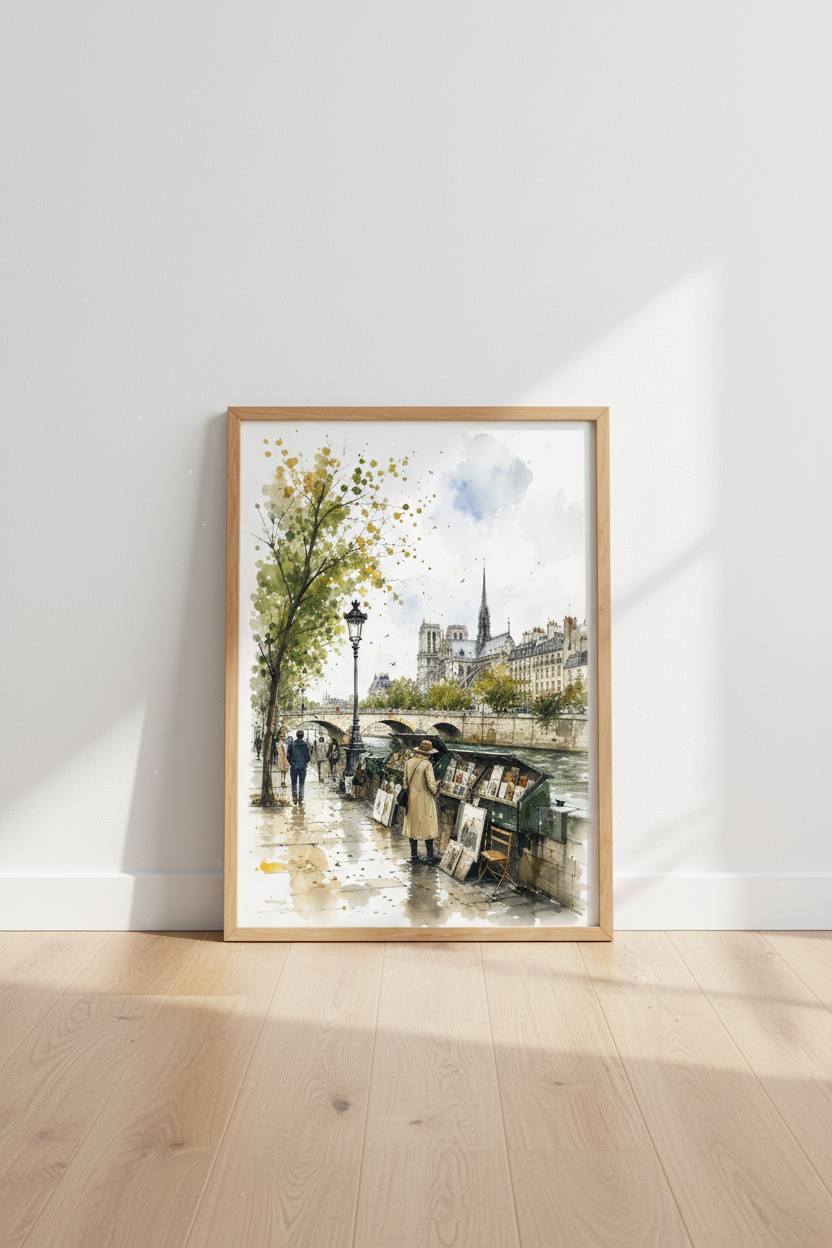 Paris Watercolor Seineside Wall Art | Notre Dame Decor | Romantic Sketch Poster