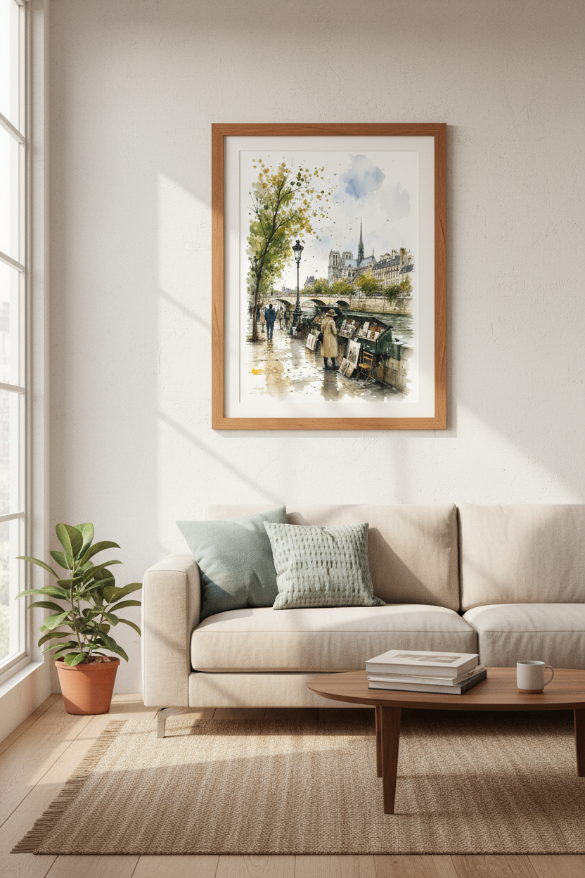 Paris Watercolor Seineside Wall Art | Notre Dame Decor | Romantic Sketch Poster