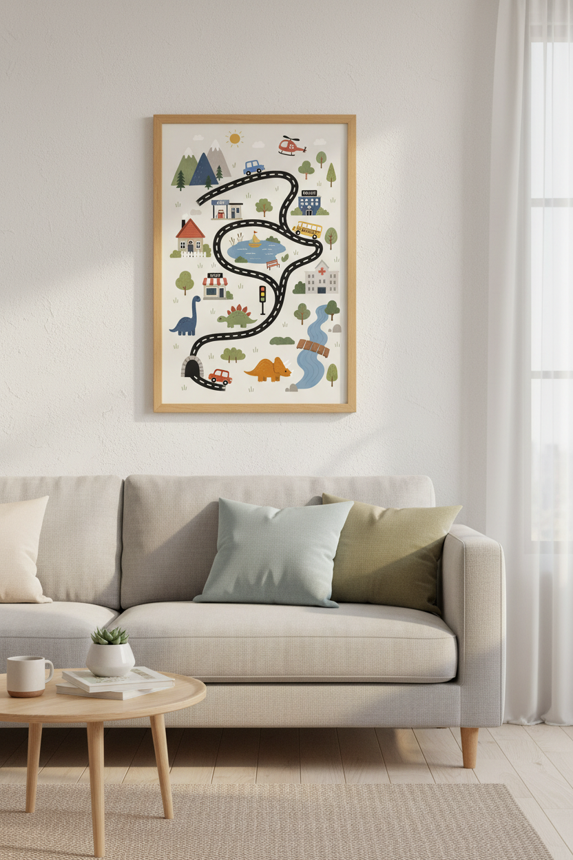 Dinosaur City Road Map Art | Playroom Nursery Decor | Whimsical Transportation Poster