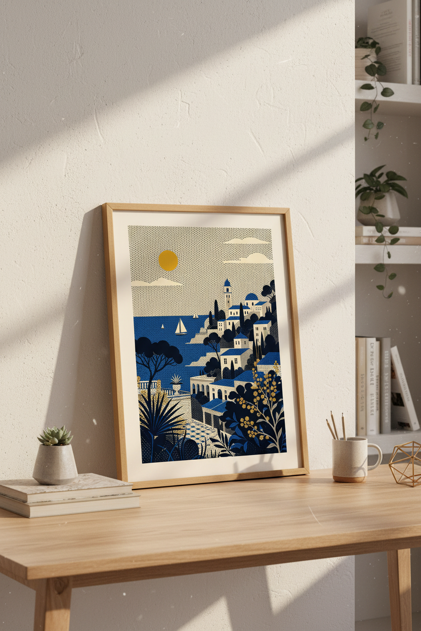 Coastal Village Art | Ocean blues, Mediterranean vibe | Living Room Decor