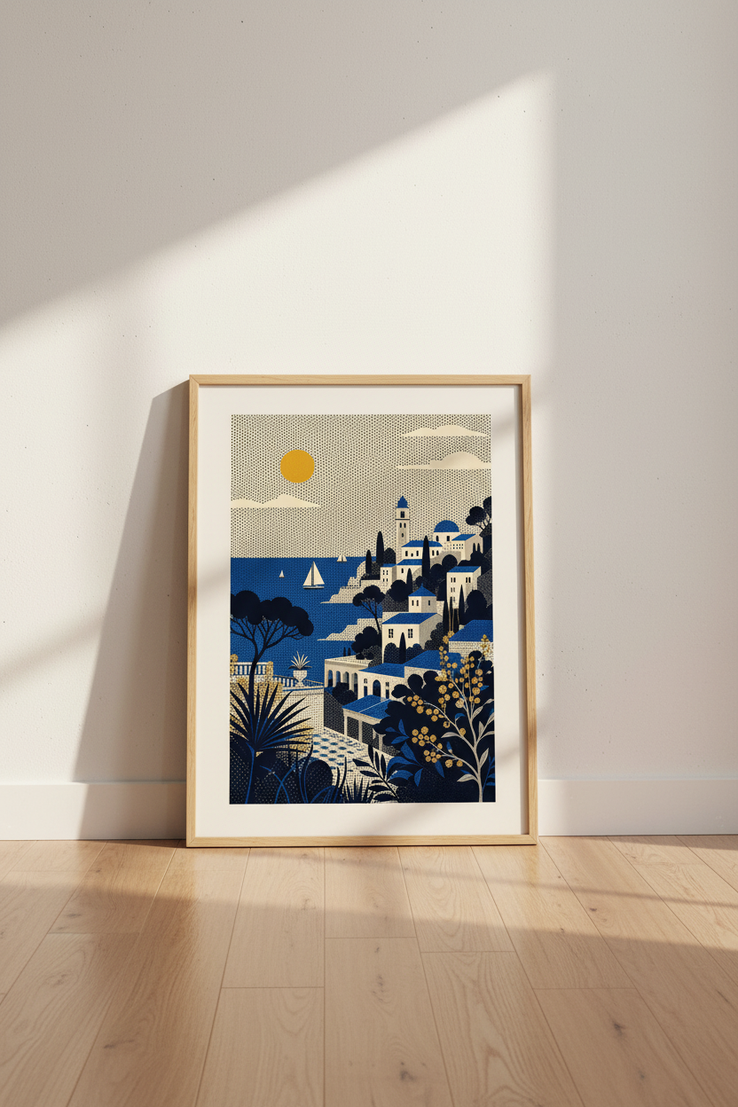 Coastal Village Art | Ocean blues, Mediterranean vibe | Living Room Decor