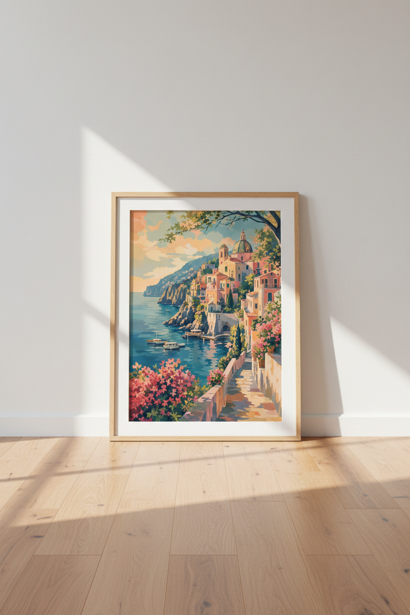 Amalfi Coast Italy Wall Art | Positano Painting Print, Mediterranean Decor
