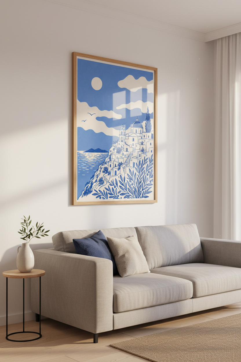 Santorini Greece Wall Art | Blue Mediterranean Coastal Decor | Minimalist Poster
