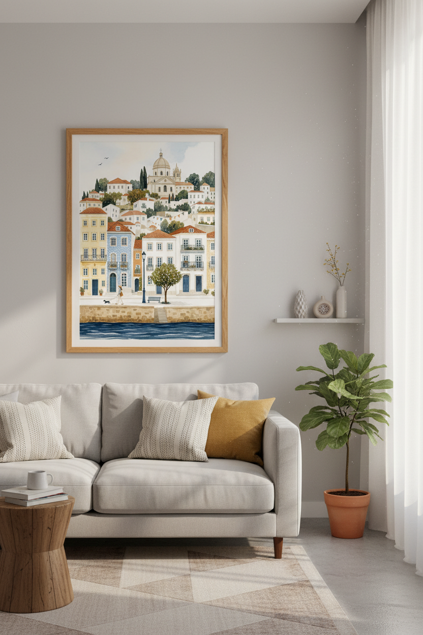 Mediterranean Coast Watercolor Print | European Travel Art, Coastal Home Decor