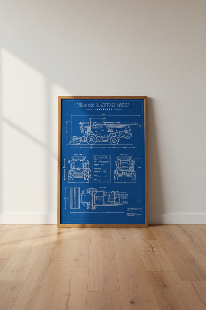 Claas Lexion 8900 Harvester Blueprint | Farm Wall Art, Industrial Decor Poster