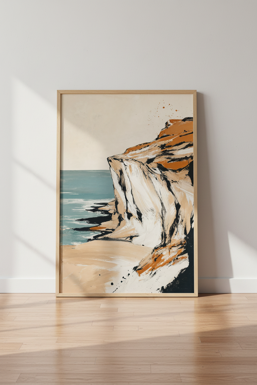 Abstract Coastal Cliff Art | Terracotta Ocean Landscape, Modern Living Room Wall Decor