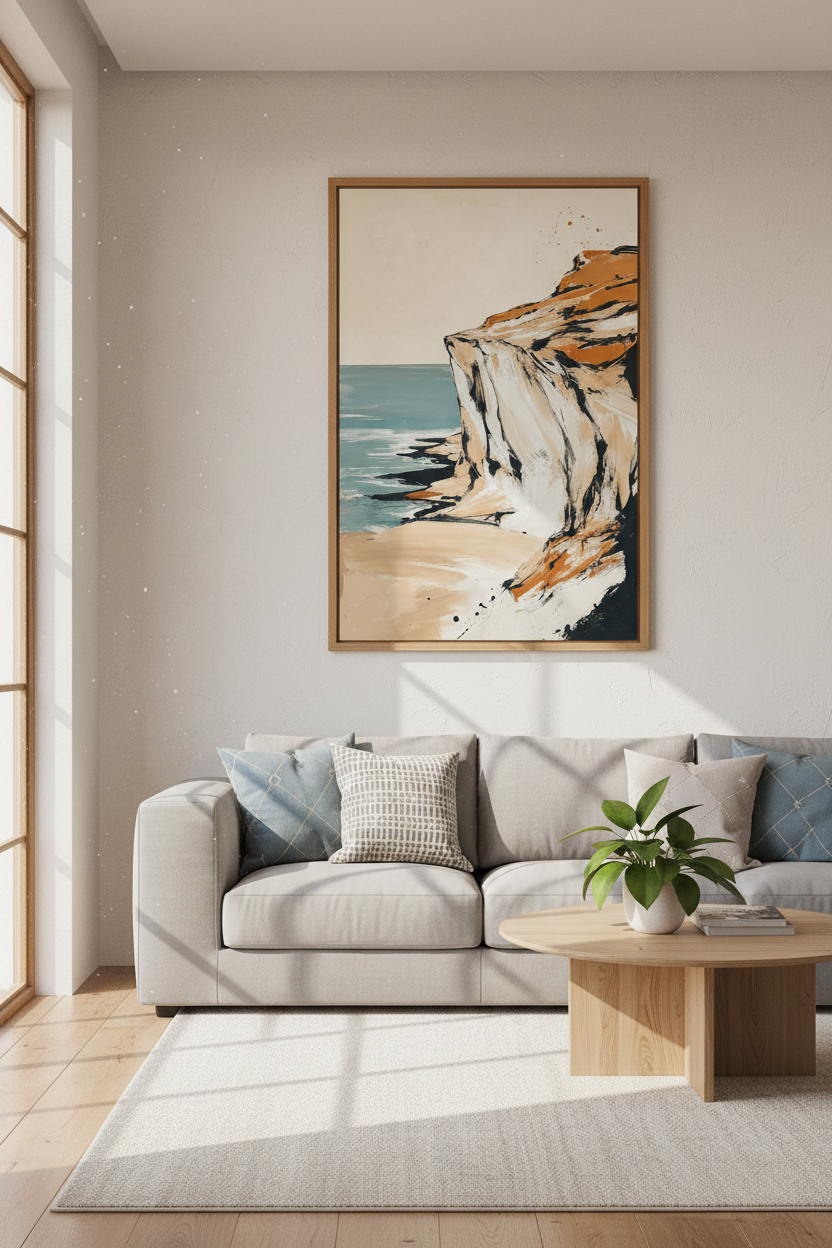 Abstract Coastal Cliff Art | Terracotta Ocean Landscape, Modern Living Room Wall Decor