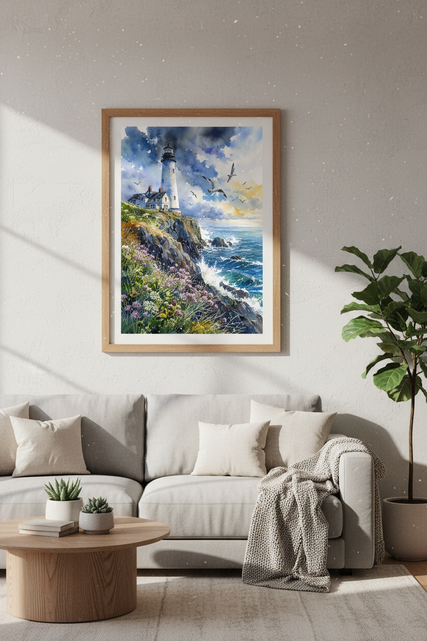 Lighthouse Watercolor Art Print | Coastal Wall Decor | Nautical Beach House Poster