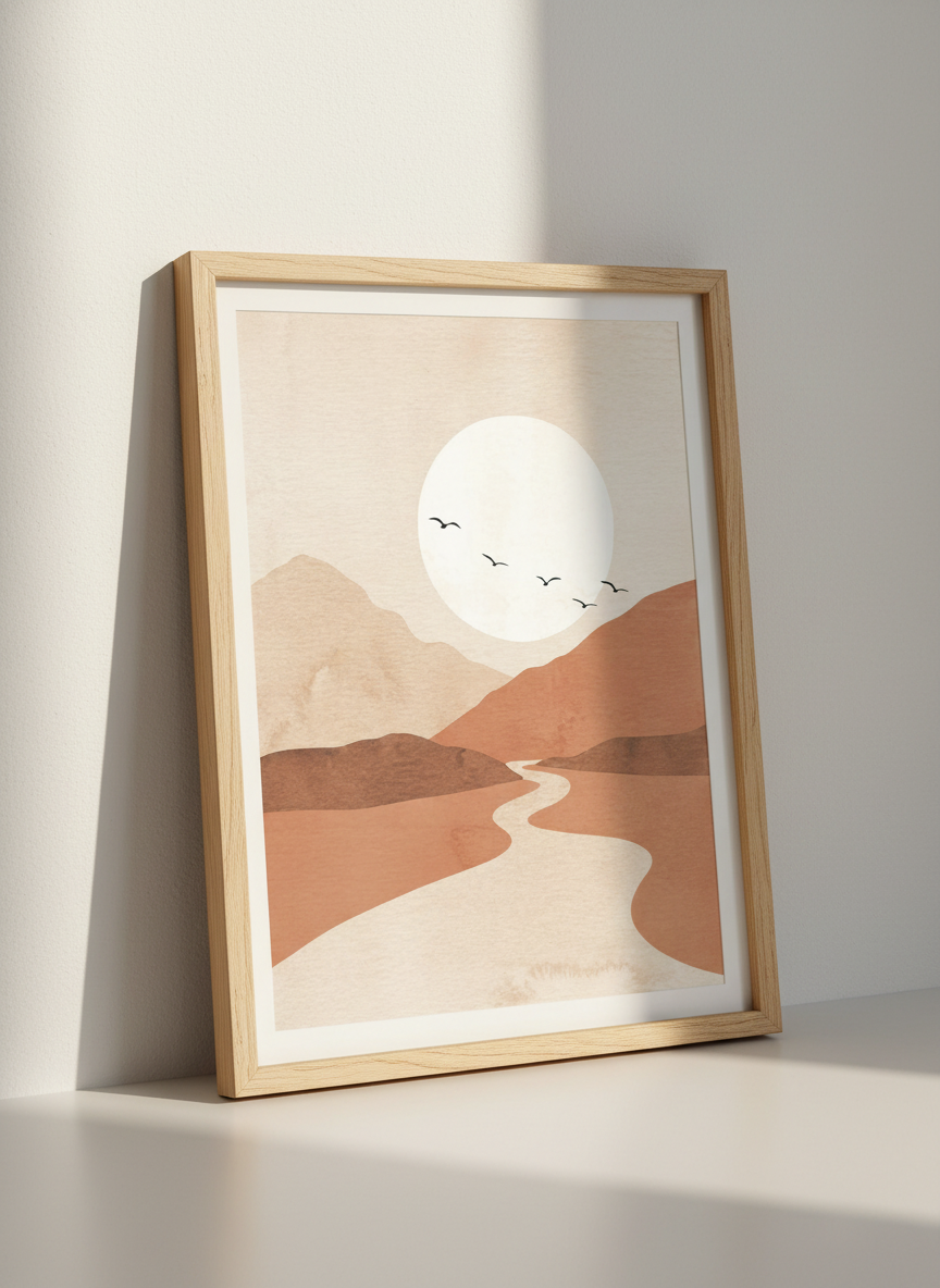 Boho Desert Mountain River Wall Art Print | Minimalist Living Room Decor | Earthy Landscape Poster | Abstract Sun & Birds