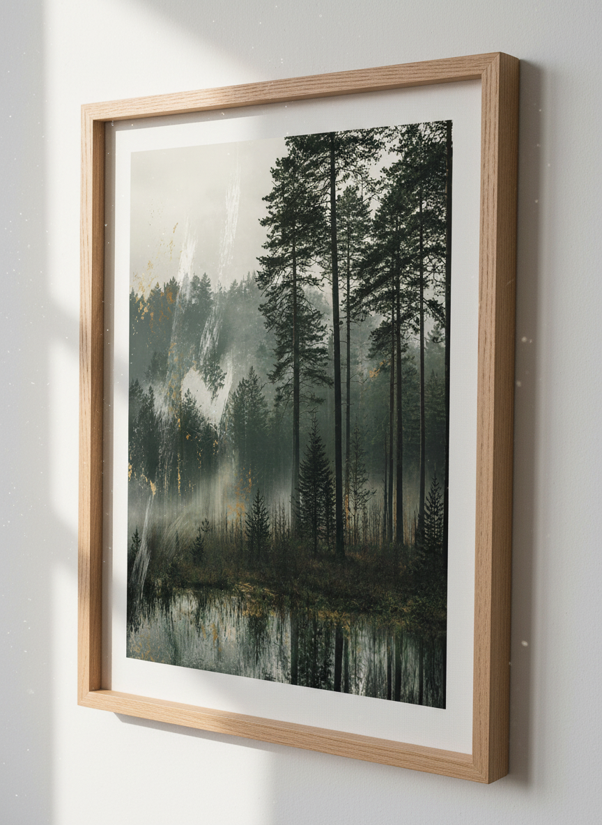 Misty Pine Forest Lake Art Print | Moody Landscape Wall Decor | Gold Brushstroke Poster