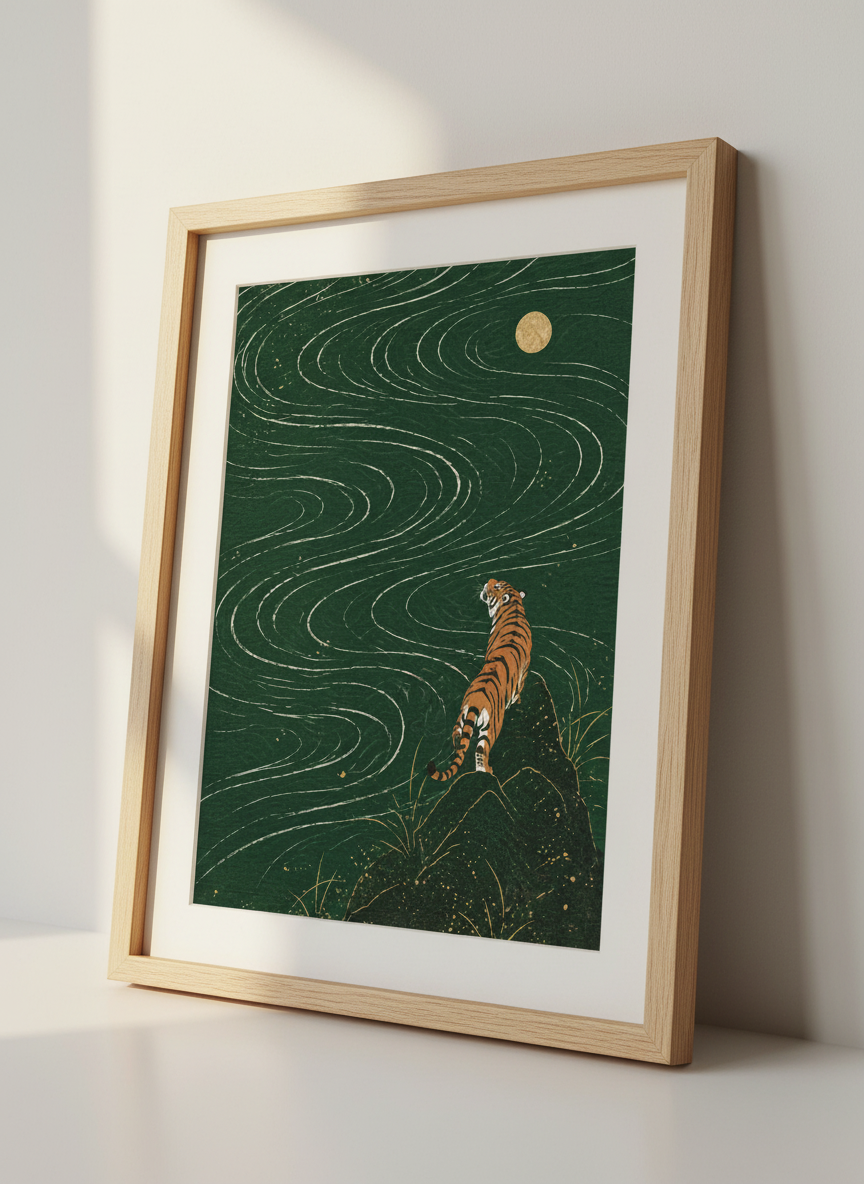 Japanese Tiger Moon Art Print | Dark Green Zen Decor | Asian Aesthetic Poster