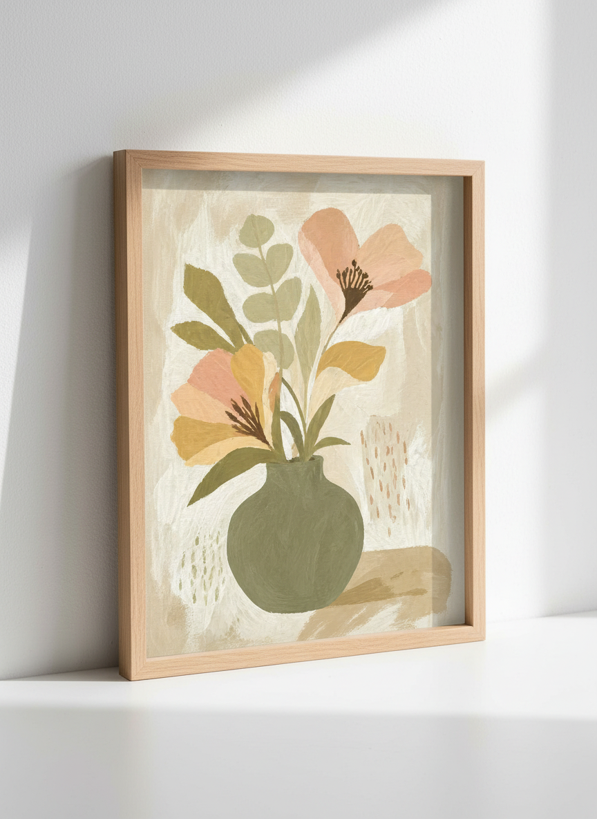 Minimalist Floral Still Life Wall Art | Sage Green Abstract Vase, Neutral Botanical Boho