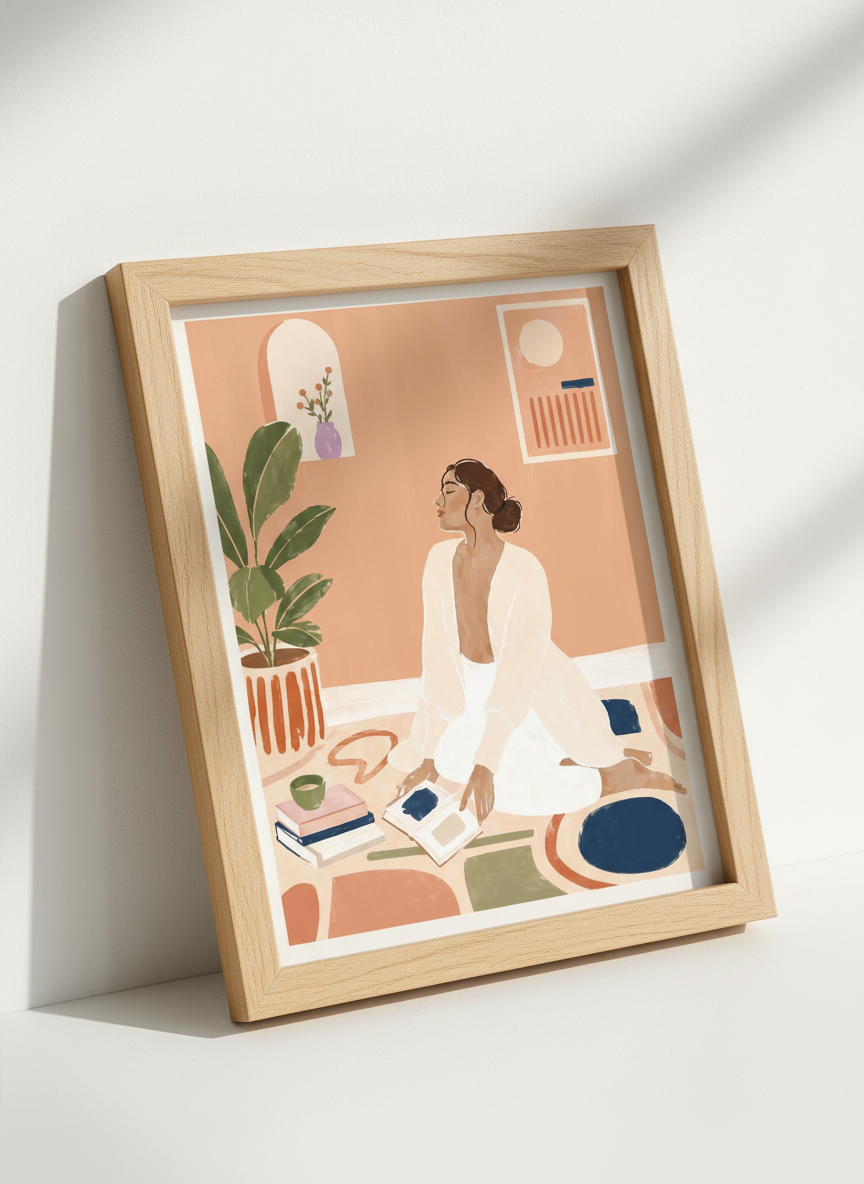 Relaxed Woman Art | Boho Reading Decor, Peach Aesthetic Print