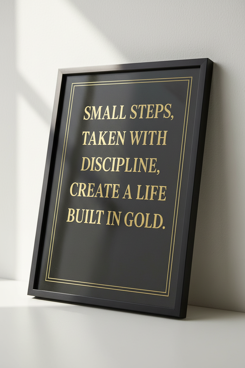 Small Steps Life Built In Gold Motivational Wall Art | Discipline Quote Poster Print | Inspirational Home Decor Wall Hanging