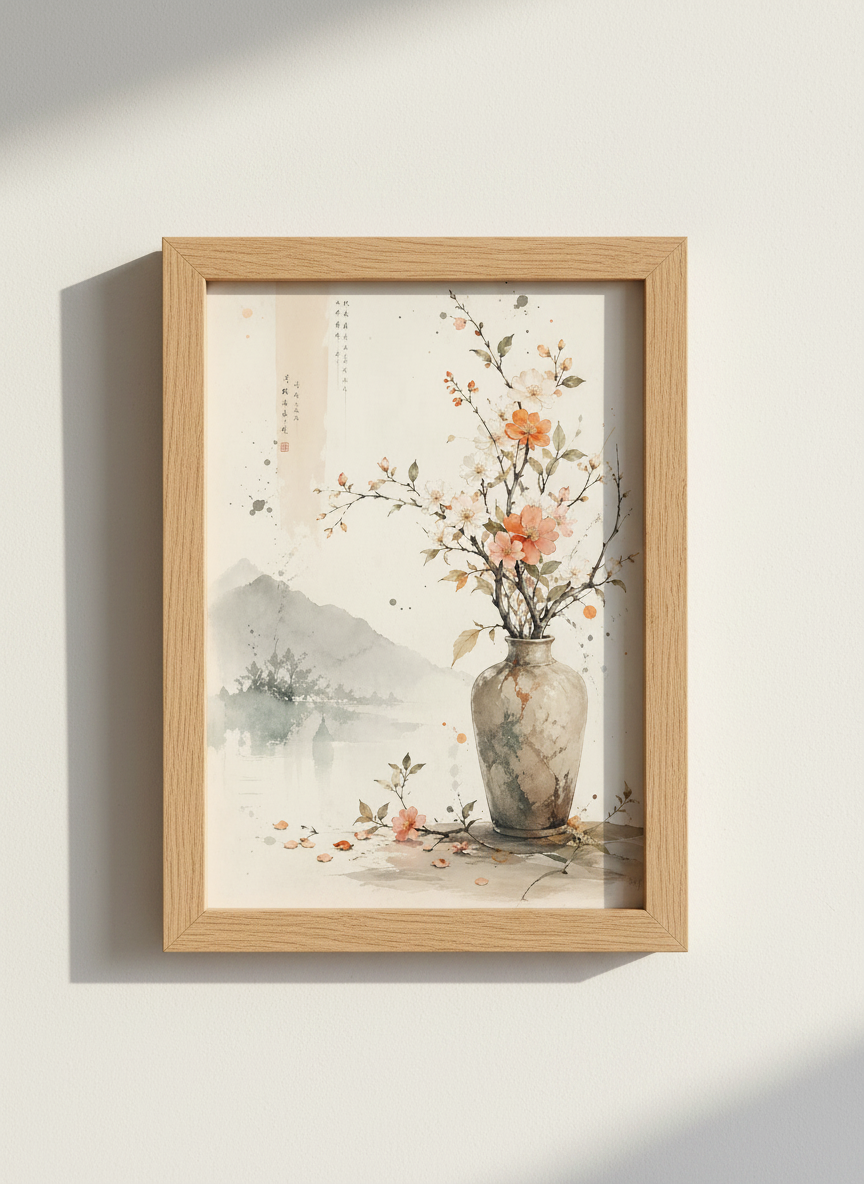 Chinoiserie Floral Vase Wall Art | Serene Asian Landscape Print Hues