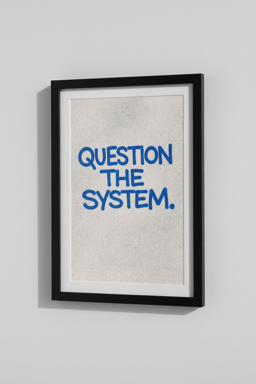 Question The System Wall Art Print | Bold Blue Graffiti Text Poster | Modern Activist Home Decor | Unique Protest Art Hanging
