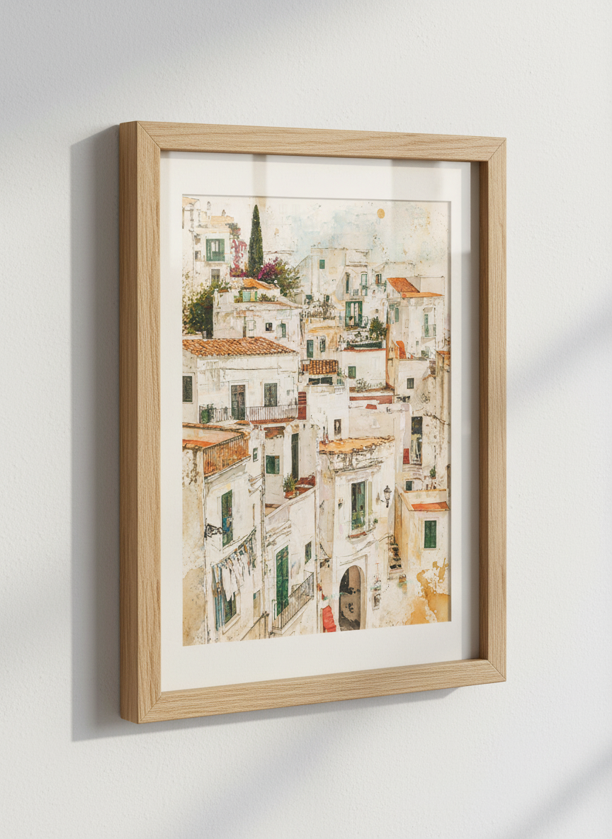 Mediterranean Village Watercolor Art | Italian Coastal Town Decor | European House Print
