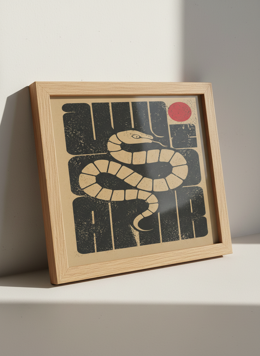 Minimalist Snake Poster | Red Sun & Serpentine Art, Boho Home Decor