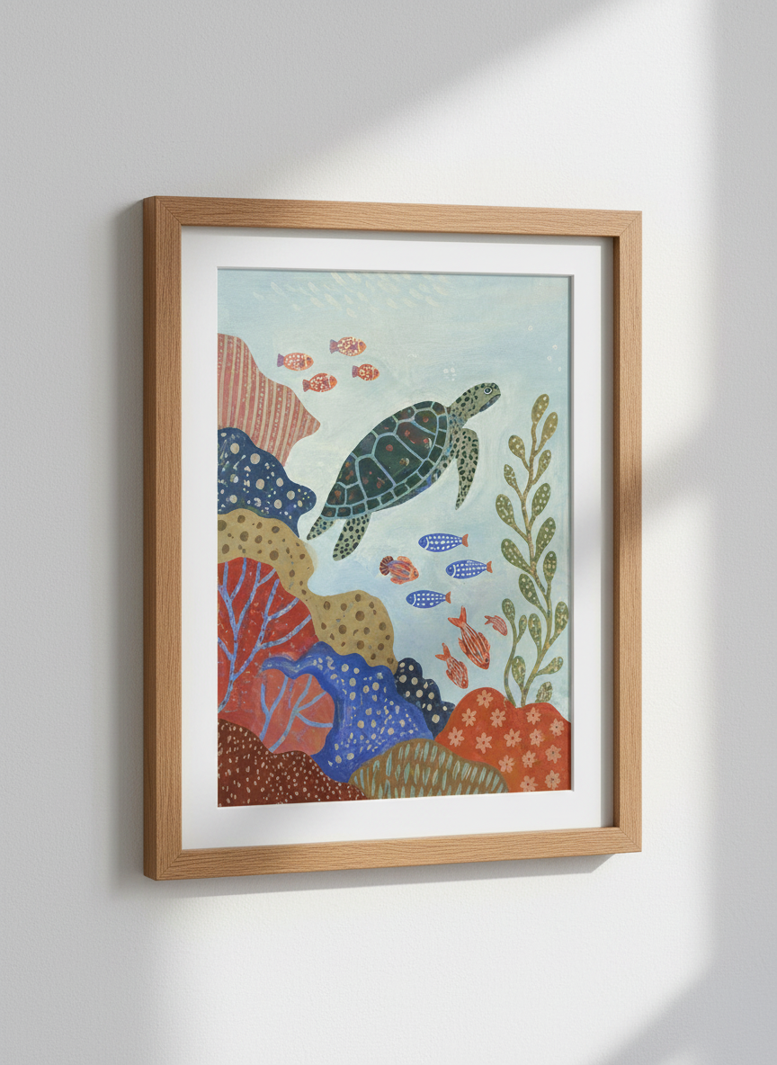 Sea Turtle & Coral Reef Art Print | Ocean Nursery Decor, Coastal Kids Room Art