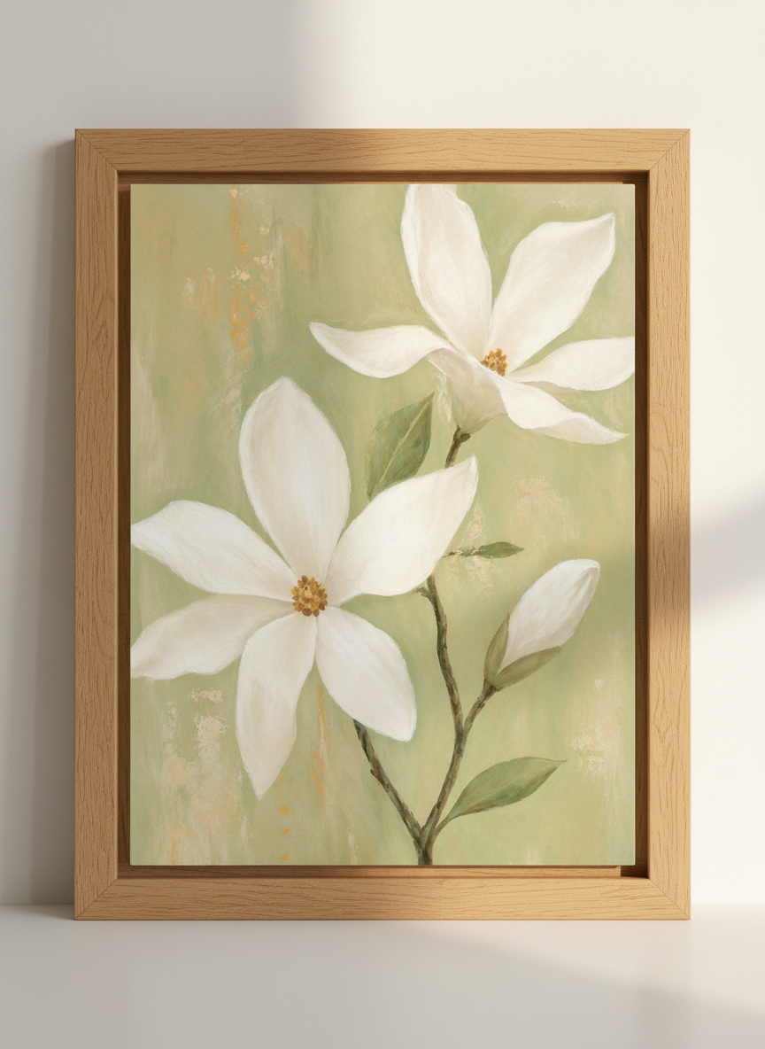 Magnolia Flower Wall Art | Sage Green Floral Print, Botanical Bedroom Decor