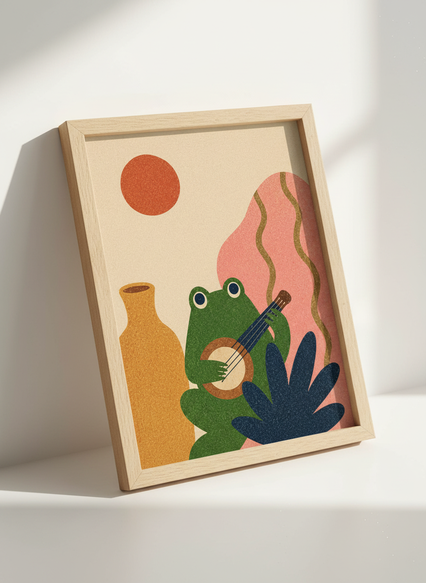 Frog Banjo Player Art | Cute Boho Animal Print, Kids Room Decor, Playroom Poster
