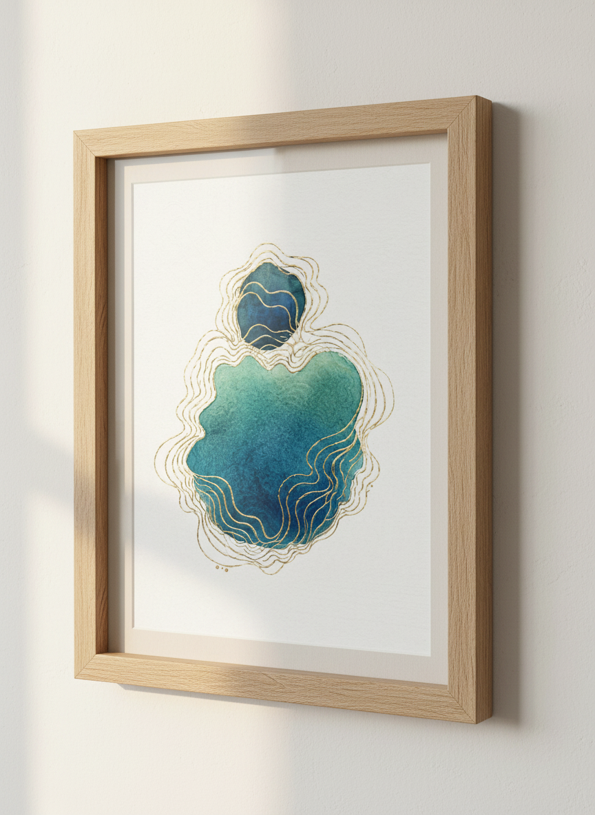 Abstract Ocean Blue & Gold Geode Wall Art Print | Living Room Decor | Modern Coastal Aesthetic Poster | Watercolor Art