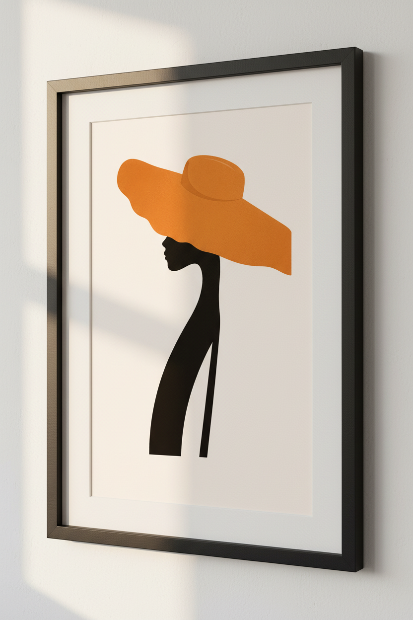 Abstract Woman with Orange Hat Wall Art | Minimalist Silhouette Print | Modern Home Decor Poster | Elegant Female Profile Art
