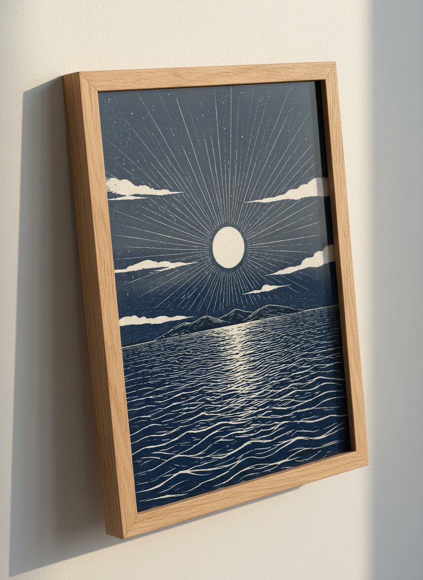 Moon Over Ocean Print | Nautical Woodcut Art, Japandi Coastal Decor, Blue Wall Art