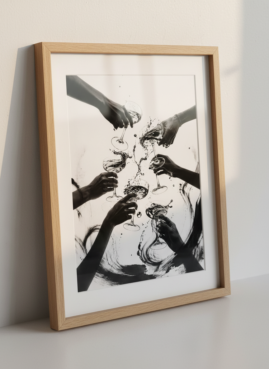 Celebration Toast Wall Art | Black & White Print, Bar Cart Decor, Modern Kitchen Art