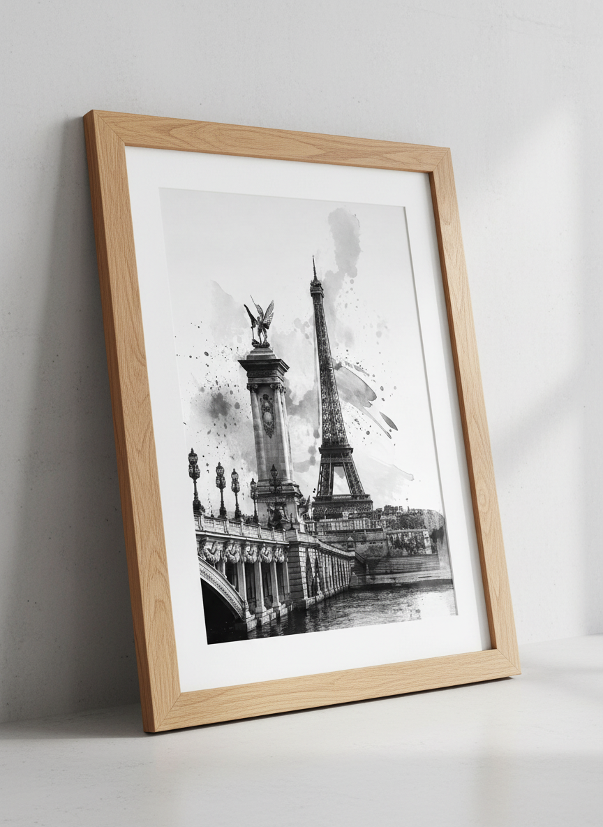 Eiffel Tower Watercolor Art | Black & White Paris Print, Living Room Decor