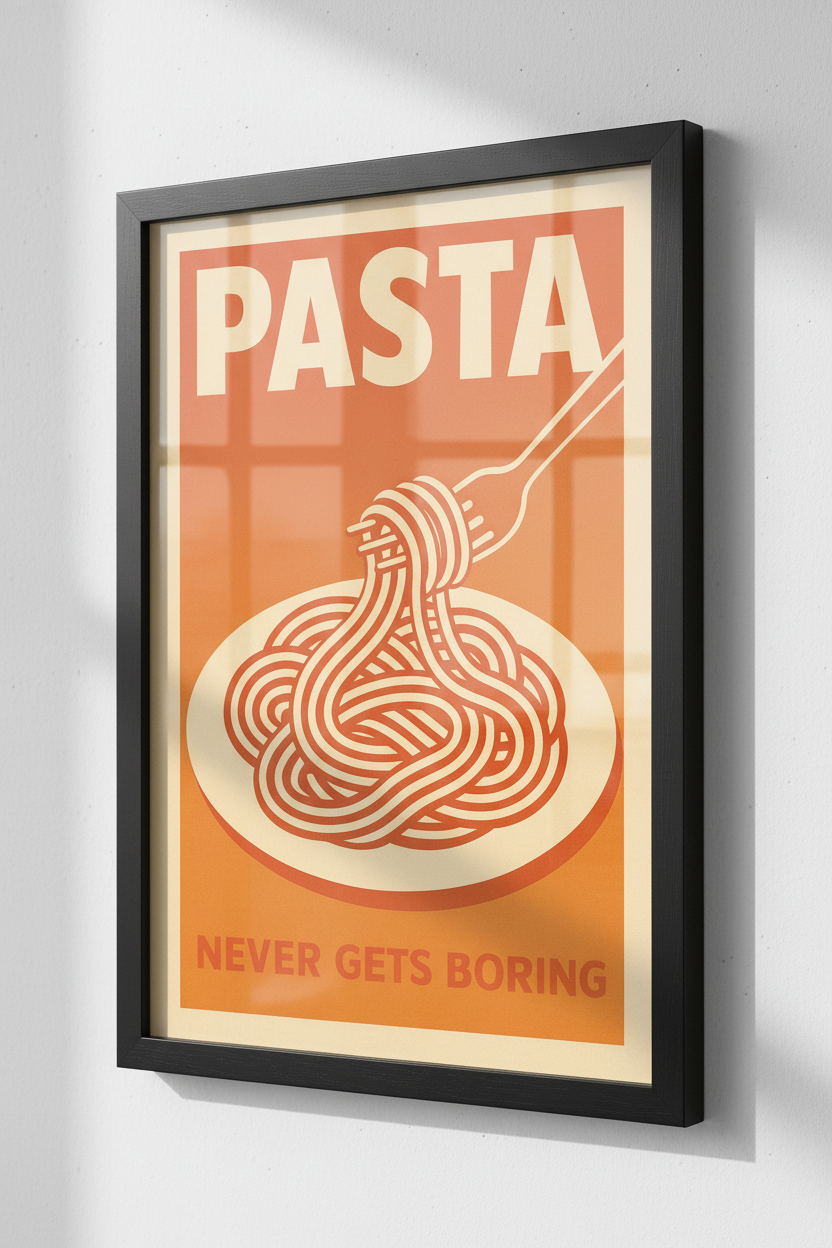Pasta Never Gets Boring Wall Art Print | Funny Kitchen Decor, Italian Food Poster, Retro Mid-Century Modern Art Print | Dining Room Wall Hanging