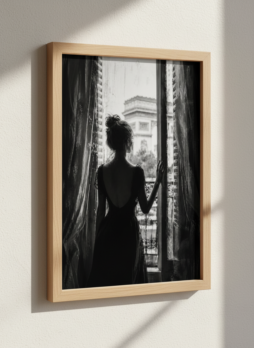 Woman in Paris Window Print | Black & White Wall Art | Romantic France Decor