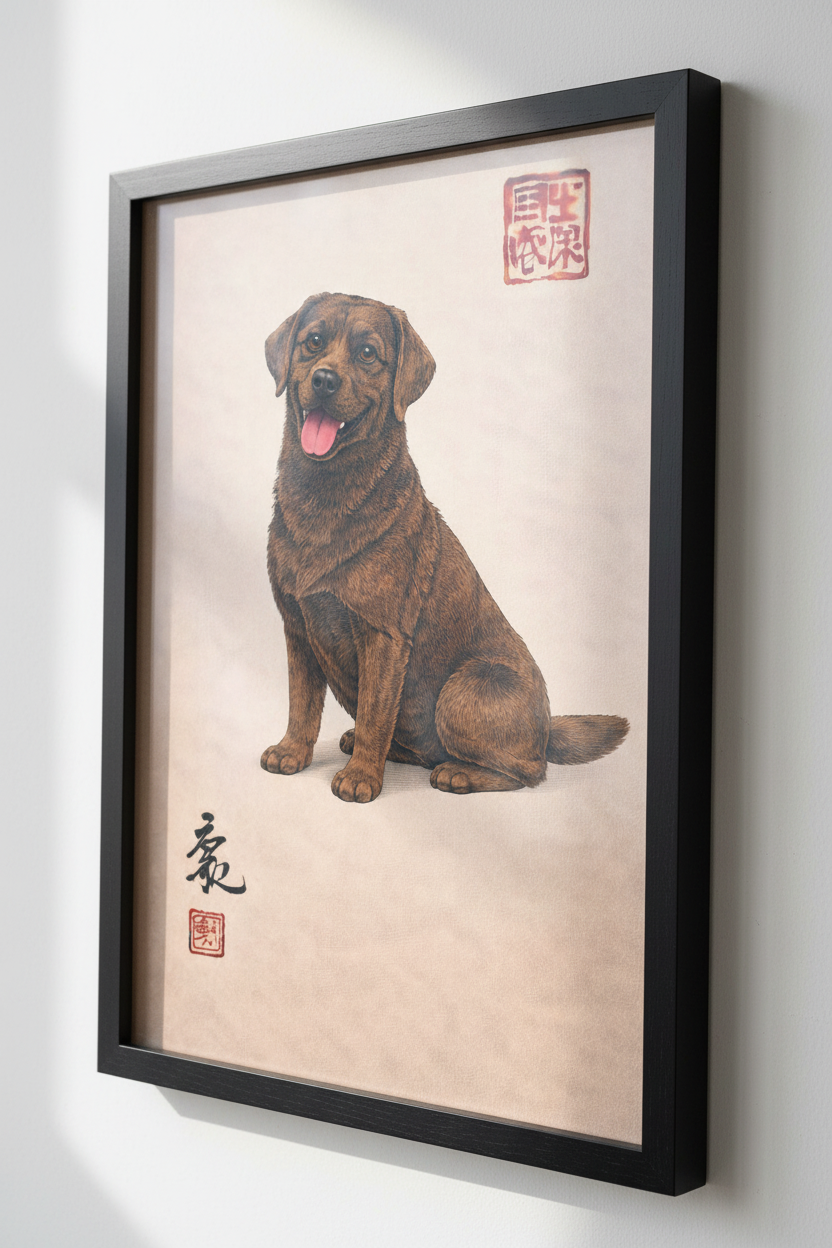 Choco Lab Dog Wall Art Print | Japanese Style Pet Portrait Poster | Brown Labrador Home Decor | Animal Wall Hanging Art