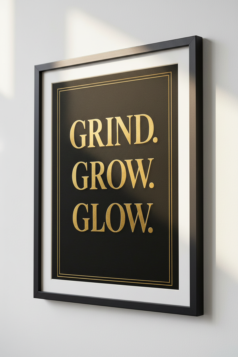Grind Grow Glow Wall Art Print | Motivational Home Decor | Gold Quote Poster | Inspirational Art Print Success Entrepreneur Gift