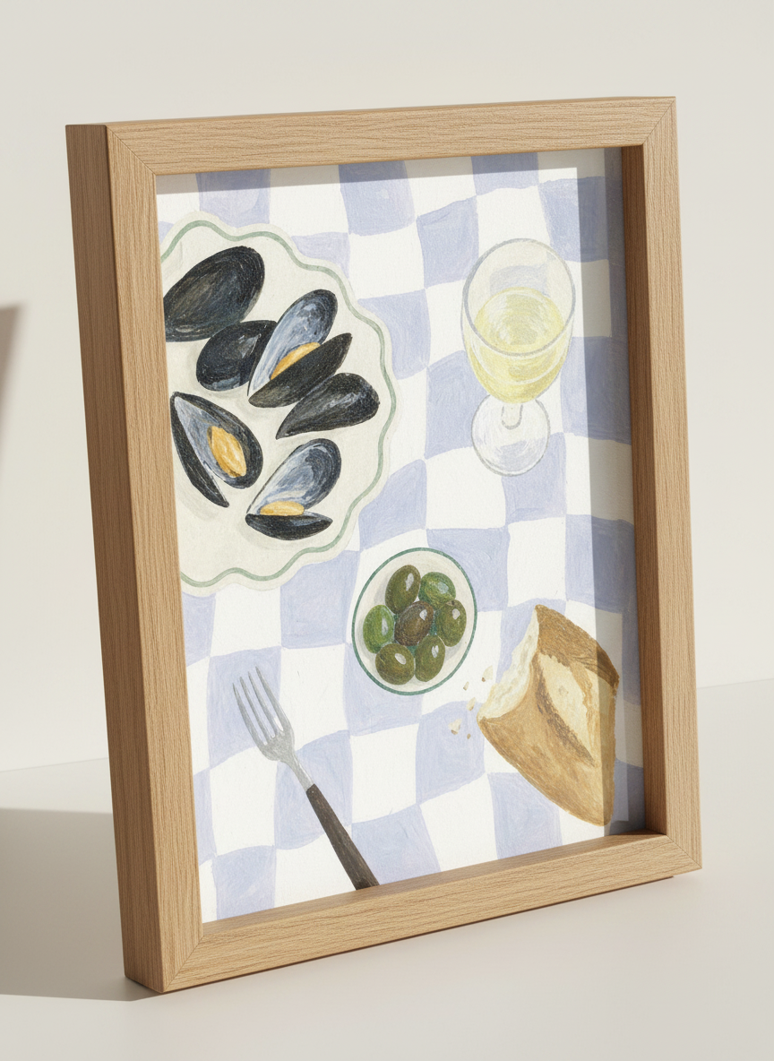 Minimalist Seafood Wall Art Print | Kitchen Decor | French Riviera Inspired Poster | Mussels, Wine & Olives